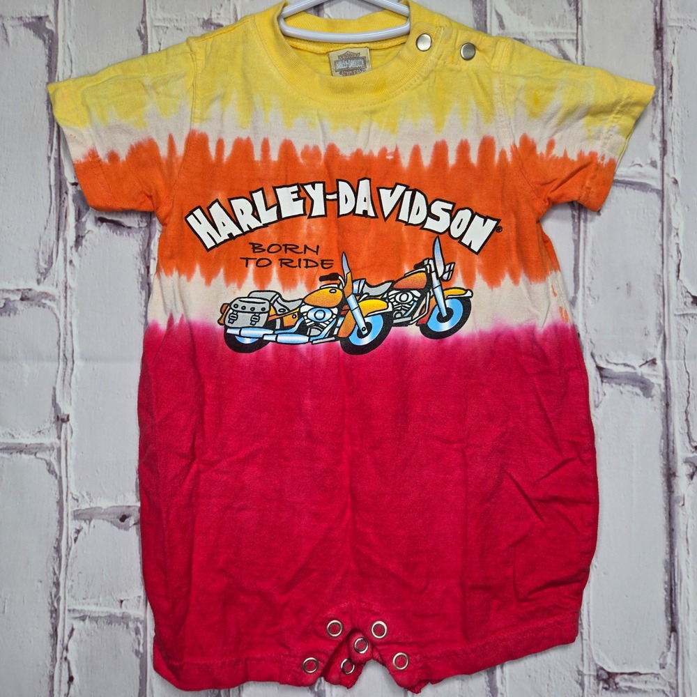 Harley Davidson Baby Romper 12M Tie Dye Born To Ride Motorcycle Bodysuit Red Y2K
